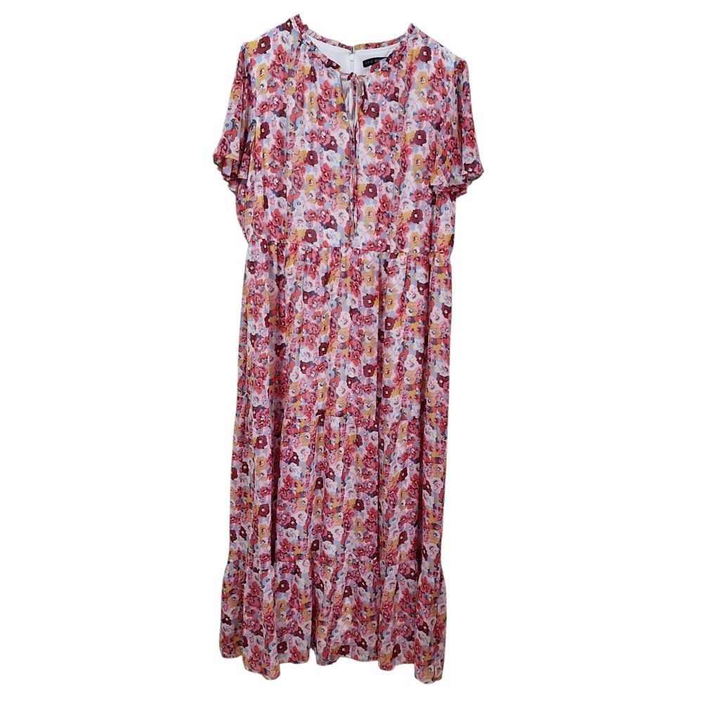 Lane Bryant Floral Tiered Maxi Dress Pink Red Yellow Pansy Print Split‎ Neck XL